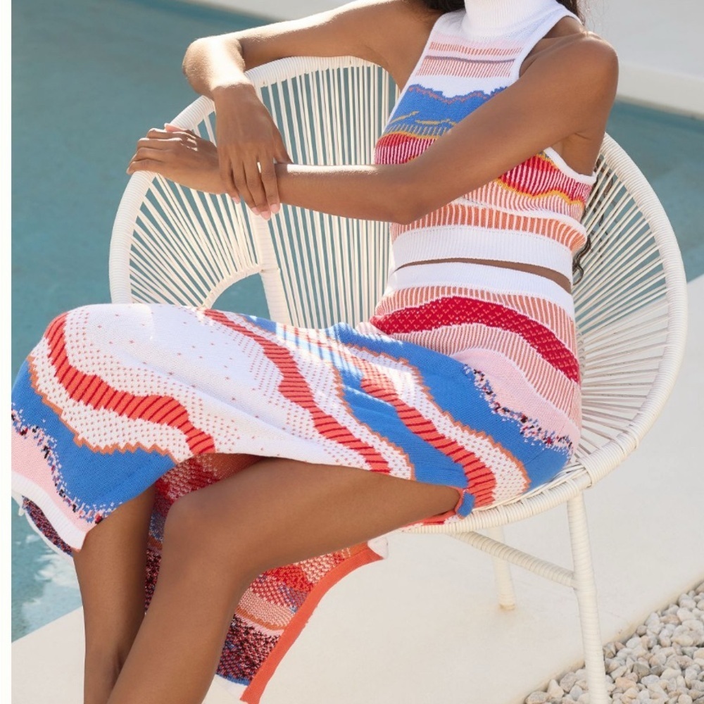 Anthropologie Colorful Striped Knit Midi skirt  size L Large beachy coastal boho